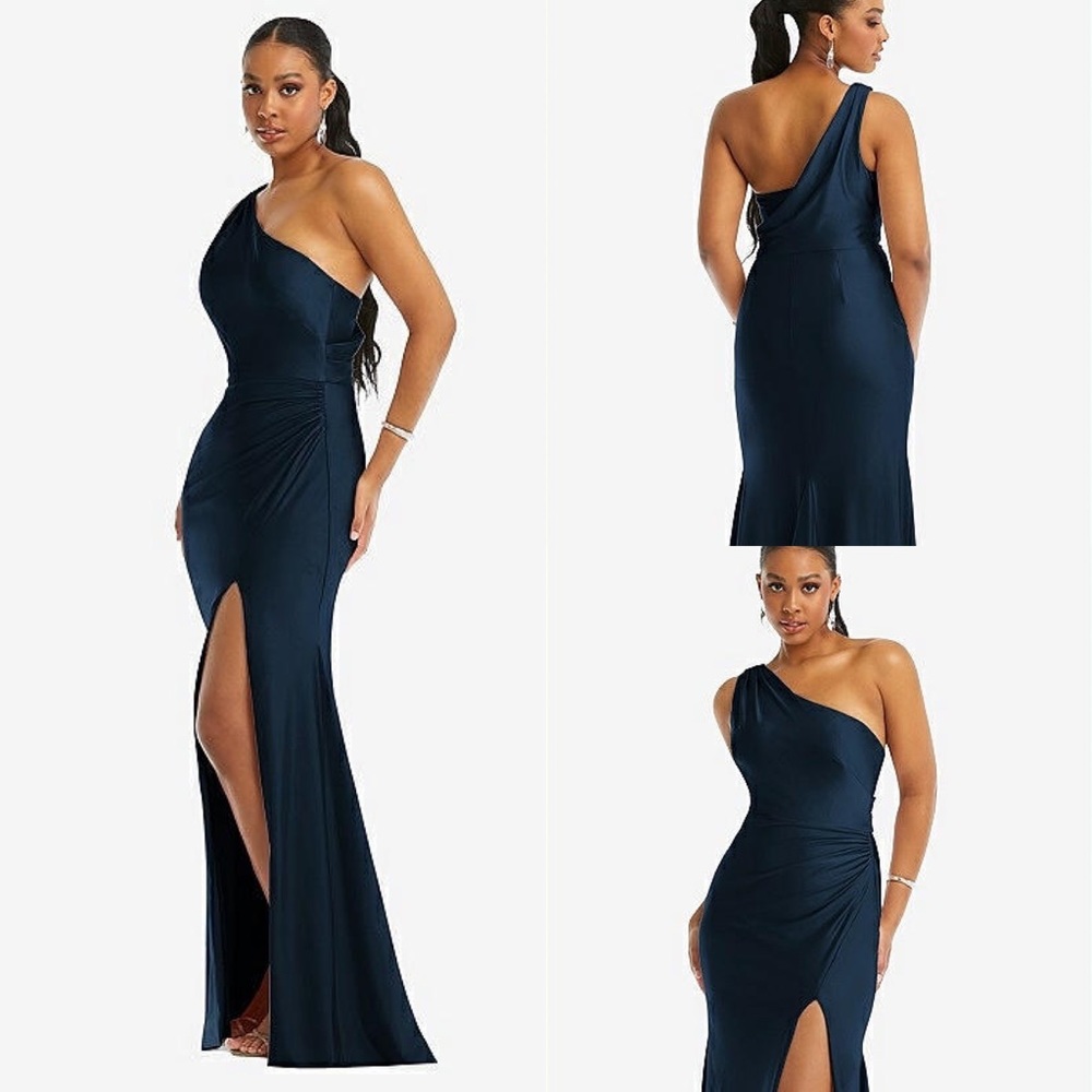 Cynthia and Sahar One-Shoulder Asymmetrical Cowl Back Satin Mermaid Dress